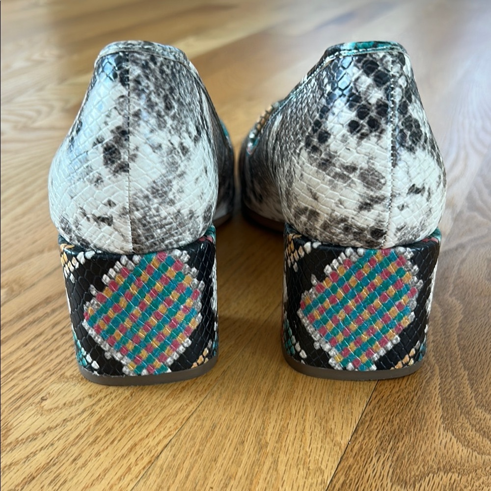 Franco Sarto Callan8.5 M Snake Print Black Multicolored 2" block heel pumps EUC - Picture 6 of 9